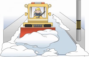 駐車場内の小型建設車両による除雪作業スタッフ