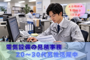 電気設備の見積事務／8：10～16：45・土日祝休／男性活躍中
