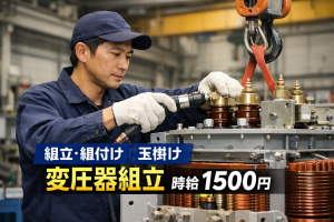 要資格：クレーンorリフト／大型変圧器組立／日勤×土日休み