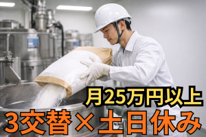 3交代制／医薬品の製造のお仕事／寮完備・土日休み