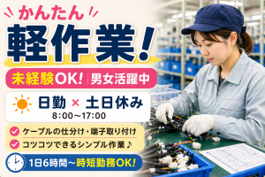 実働6時間～日勤・土日休み／軽量ケーブルハーネスの組立