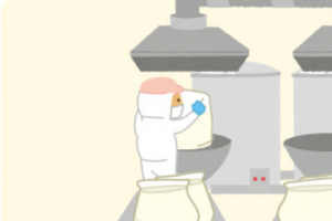 「流動食」の具材を機械に流し調合する食品製造補助