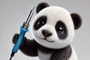 片手で持てる人感センサー機器にはんだで部品を付ける軽作業