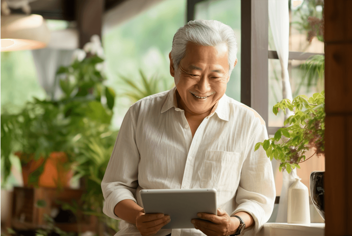 おじいさんはタブレットを見る