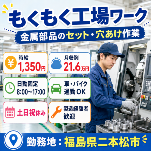 金属部品の機械セット・穴あけ作業／日勤・土日祝休み