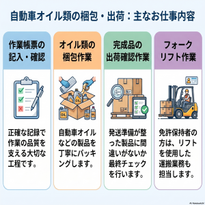 自動車オイル類の梱包・出荷作業／リフト免許保持者尚可